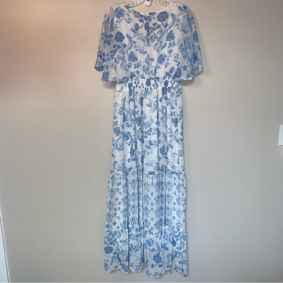 House of Harlow 1960 Blue and White Flutter Sleeve Maxi Dress M - Picture 5 of 14